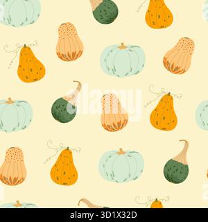 Kürbisgemüse nahtloses Muster flache Stil handgezeichnet wiederkehrende festliche Ornament für Herbstferien Thanksgiving, Halloween Feier Design, Cottagecore Druck für Stoff, Wanddekoration oder Geschenkpapier Stock Vektor