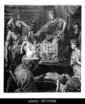 Illustration des Urteils Salomos - zwei Mütter, die im selben Haus lebten, hatten jeweils ein Kind, eines war gestorben und jede Mutter argumentierte, dass sie leben würde Stockfoto