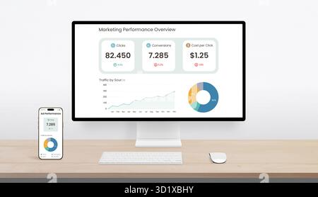 Desktop-Computer und Smartphone zeigen ein Dashboard zur Marketingleistung mit Klicks, Konvertierungen und Kosten pro Klick in einem sauberen digitalen Arbeitsbereich an Stockfoto