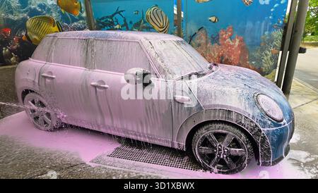 Berlin, Deutschland - 18. Mai 2025: Mini Cooper ist in einer Autowaschanlage mit Wasserkulisse mit rosafarbenem Schaum bedeckt. Stockfoto