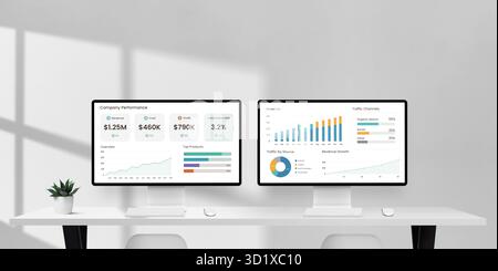 Zwei Desktop-Monitore auf dem White Desk zeigen das Dashboard für Unternehmensanalysen mit Diagrammen und Finanzdaten an, die das Leistungswachstum und die Umsatzverfolgung darstellen Stockfoto