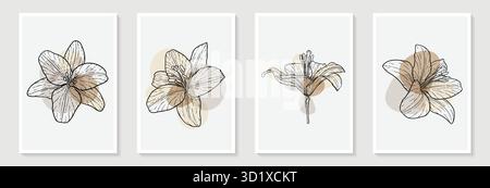 Set aus kreativen minimalistischen Handzeichnungen Illustrationen Blumen umranden Pastell Biege einfache Form und Pinselstrich für Wanddekoration, Postkarte Stock Vektor
