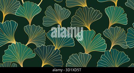 Nahtloses Muster der Handzeichnung Illustrationen floraler Umriss goldene Ginkgo biloba Blätter auf schwarzem Hintergrund. Für Wanddekoration, Postkarte oder Broschüre Stock Vektor