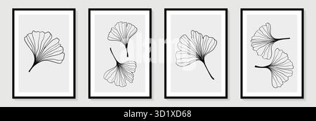 Satz kreativer minimalistischer Handzeichnungen Illustrationen floraler Umriss Ginkgo biloba Blätter linearer schwarz-weißer Hintergrund. Zur Wanddekoration Stock Vektor