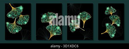 Satz kreativer minimalistischer Handzeichnungen Illustrationen floraler Umriss Ginkgo biloba Blätter linearer schwarz-weißer Hintergrund. Zur Wanddekoration Stock Vektor