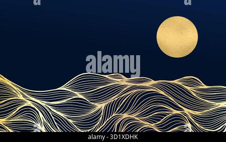 Abstrakte Kunst, schwarzer und goldener grafischer Hintergrund im modernen Stil. Abstrakter geometrischer horizontaler Hintergrund. Strichkunst-Landschaft Stock Vektor