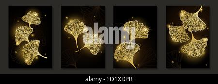 Satz kreativer minimalistischer Handzeichnungen Illustrationen floraler Umriss Ginkgo biloba Blätter linearer schwarz-weißer Hintergrund. Zur Wanddekoration Stock Vektor