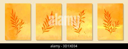 Abstrakte Kunst Herbst Aquarell orange und gelbe Hintergrund mit Kritzelblättern. Gestalten Sie Grußkarten und Einladungen im Hintergrund, saisonal Herbst, Herbst Stock Vektor