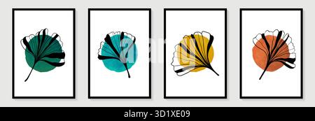 Kreativer minimalistischer handgemalter abstrakter Kunsthintergrund mit Aquarellkreis und handgezeichnetem Doodle Scribble Ginkgo biloba Blätter linear Stock Vektor