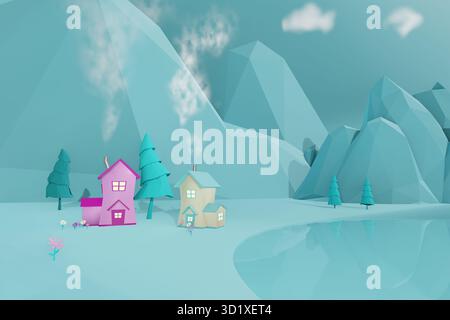 3D-Darstellung des pastellblauen Dorfes und der niedrigen polly Mountains Stockfoto