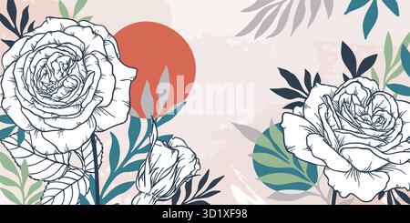 Abstrakte Kunst mit floralem Hintergrund. Zeichnen Sie von Hand umrissene Rosen Blumen mit Blättern und Kreisformen. Vektorhintergrund für Wanddekoration, Banner, Postkarte Stock Vektor