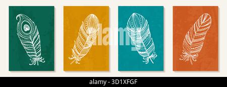 Kreative minimalistische handgemalte abstrakte Kunst Grün und Rosa Aquarellflecken und handgezeichnete Doodle goldene Farbe Scribble Feather Stock Vektor