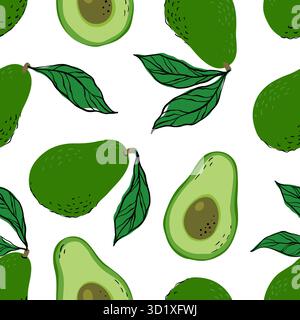 Tropisches nahtloses Muster mit grünen Avocados und Avocadoscheiben. Handgezeichnetes Avocados-Muster auf weißem Hintergrund. Für Gewebe, Zeichenetiketten, drucken Stock Vektor