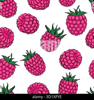 Nahtloses Muster mit rosafarbener Himbeere. Handgezeichnetes Himbeermuster auf weißem Hintergrund. Stoff, Zeichenetiketten, Druck, Tapeten von Kindern Stock Vektor