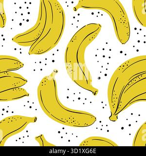 Tropisches nahtloses Muster mit gelben Früchten Banane. Handgezeichnetes einfaches Bananenmuster auf weißem Hintergrund. Stoff, Zeichenetiketten, Druck, Tapeten Stock Vektor