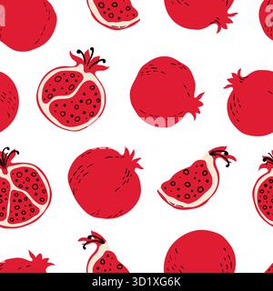 Nahtloses Muster mit roten Granatäpfeln und Granatapfelscheiben. Handgezeichnetes Granatäpfel-Muster auf weißem Hintergrund. Für Gewebe, Zeichenetiketten, drucken Stock Vektor