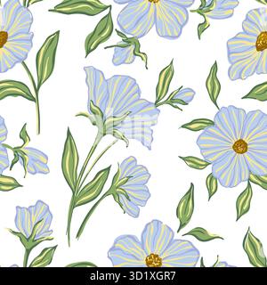 Nahtlose Mustermalerei Blumen und Blätter Hintergrund Vektor. Tapetendesign mit handgezeichneten Retro-Blumen, Blumensträußen und Blättern. Botanisches Vintage-Material Stock Vektor