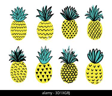 Tropisches Set mit kritzelgelben Ananas. Handgezeichnete Ananas isoliert auf weißem Hintergrund. Für Stoff, Zeichenetiketten, Druck, Tapeten Stock Vektor