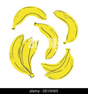 Tropische Banane mit gelben Früchten. Handgezeichnete einfache Bananen isoliert auf weißem Hintergrund. Für Stoff, Zeichenetiketten, Druck, Tapeten Stock Vektor