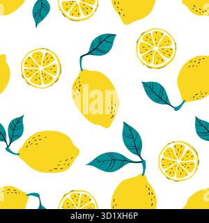 Tropisches nahtloses Muster mit gelben Zitronen und Zitronenscheiben. Handgezeichnetes Zitronen-Muster auf weißem Hintergrund. Für Gewebe, Zeichenetiketten, drucken Stock Vektor
