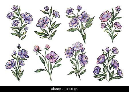 Blumenset Gemälde Blumen und Blätter isolierter Vektor. Blumenmuster, handgezeichnete Retro-Blumen, Blumensträuße, Blatt. botanische Blumenarrangements Stock Vektor