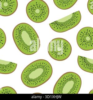Tropisches nahtloses Muster mit grünen Kiwi- und Kiwi-Scheiben. Handgezeichnetes Obst-Kiwi-Muster auf weißem Hintergrund. Für Gewebe, Zeichenetiketten, drucken Stock Vektor