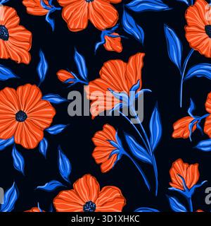 Nahtlose Mustermalerei Blumen und Blätter Hintergrund Vektor. Tapetendesign mit handgezeichneten Retro-Blumen, Blumensträußen und Blättern Stock Vektor