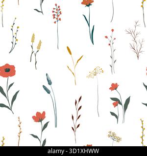 Nahtlose abstrakte Kunst im Hintergrund mit Sommerwiesen Pflanzen, wilden Blumen, Blättern Zweigen und handgezeichneten Doodle Scribble Blumenpflanzen Stock Vektor