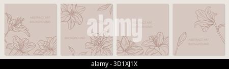 Set aus kreativen minimalistischen Handzeichnungen Illustrationen florale Umrisse Lilie Pastellbiege einfache Form Wanddekoration, Postkarten- oder Broschürenumschlag Stock Vektor