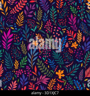 Kreative minimalistische Handzeichnung abstrakte Kunst nahtloses Muster gelbe, orange Blätter Skizze auf lila Hintergrund. Design Hintergrund für Mode, Stoff Stock Vektor