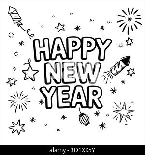Verspieltes, handgezeichnetes Happy New Year mit Feuerwerk und Laterne Stock Vektor