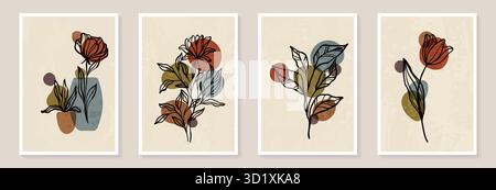 Kreativer minimalistischer abstrakter Kunsthintergrund mit Blättern Zweig und handgezeichneter Doodle Scribble Blumenpflanzen Stock Vektor