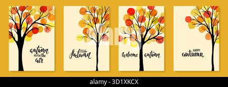 Happy Herbststift Schriftzug. Aquarellspritzer gelbe und orangene Blätter und grafische schwarze Baumsilhouette. Entwerfen Sie die Weihnachtsgrußkarte Stock Vektor