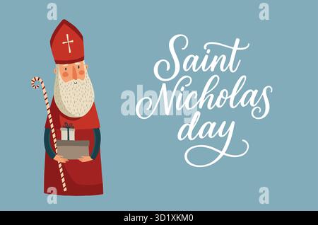 Niedlicher Nikolaus, Sinterklaas-Charakter. Grußkarte zum Nikolaustag, Einladung mit Schrifttext. Weihnachtsbischof brin Stock Vektor
