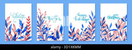 Happy Holidays Hand gezeichneter Text auf Kritzelhintergrund mit Kritzelblättern. Frohe Weihnachten, ein frohes neues Jahr Stock Vektor