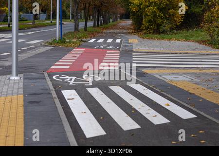 Moderne Fußgänger- und Fahrradüberquerung mit klaren weißen und roten Straßenmarkierungen, umgeben von Herbstbäumen. Städtische Infrastruktur und Verkehrssicherheit Stockfoto