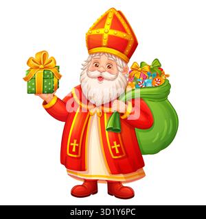 Happy Saint Nikolaus Feiertag. Niedliche Weihnachtsfigur von St. Nikolaus Sinterklaas. Christian Santa Claus hält Kinder Geschenktüte, Geschenkbox. Vektor Stock Vektor