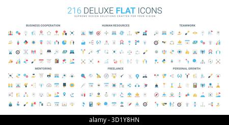 Umfassende Symbolpalette für Unternehmen, Personal, Teamwork, Mentoring, freiberufliche Mitarbeiter, und persönliche Wachstumskonzepte isolierte Vektor-Illustration Stock Vektor