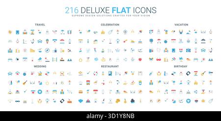 Bunte flache Ikonensammlung rund um Reisen, Feiern, Urlaub, Hochzeit, Restaurant, und Geburtstag, mit modernem minimalem Stil und diversen Eventelementen isolierte Vektorillustration Stock Vektor