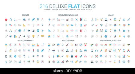 Flaches Symbolset umfasst Wissenschaft, Messung, Raumfahrt, Recycling, Militärtechnik, und operative Strategiekonzepte mit farbenfroher minimaler, isolierter Vektorgrafik Stock Vektor