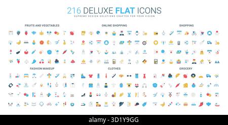 Farbenfrohe flache Icon-Kollektion umfasst Obst, Gemüse, Online-Shopping, Lebensmittel, Mode, Make-up und Kleidung Essentials für digitales Design und Webprojekte isolierte Vektorillustration Stock Vektor