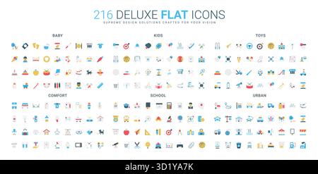 Bunte flache Icon-Kollektion mit Babypflege, Kinderaktivitäten, Spielzeug, Komfortartikel, Schulutensilien, und urbane Lifestyle-Objekte, entworfen für moderne visuelle Projekte isolierte Vektorillustration Stock Vektor