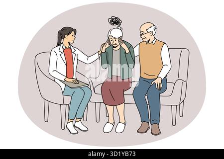 Ärztin hilft älteren Frauen, die an Gedächtnisverlust leiden. Therapeut sprechen mit reifen Großmutter kämpfen mit Alzheimer-Krankheit oder Demenz. Stockfoto