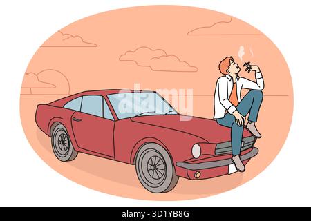 Cooler junger Mann, der auf einem Retro-Auto sitzt und raucht. Typ, der sich mit einer Zigarette in der Nähe des Oldtimers entspannt. Vektorgrafik. Stockfoto