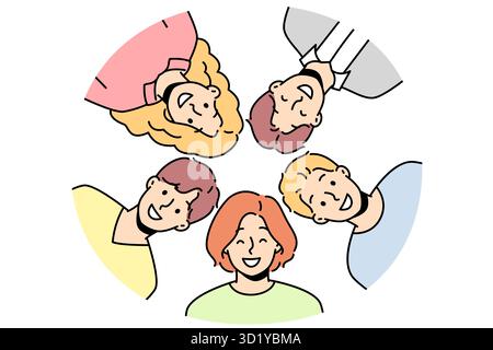Portrait von lächelnden, vielfältigen Freunden, die im Kreis posieren. Gruppenbild von glücklichen multirassischen Menschen zeigen Einheit und Freundschaft. Vektordarstellung Stockfoto