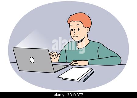 Fröhlicher Junge Kind sitzen am Schreibtisch und studieren online am Computer. Lächelndes Kind benutzt Laptop mit Fernunterricht zu Hause. Fernbildung. Vektorgrafik. Stockfoto