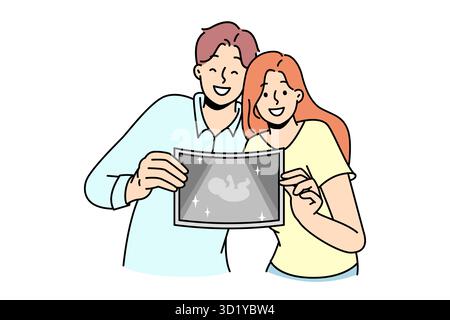 Glückliches Paar, das Bild des Embryos zeigt. Lächelnde Männer und Frauen zeigen Ultraschall des Babys, das von Schwangerschaft und Elternschaft begeistert ist. Vektordarstellung Stockfoto