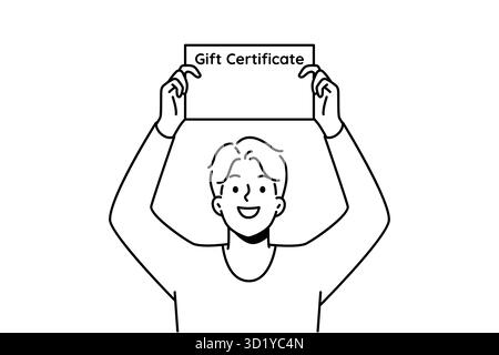 Lächelnder junger Mann, der den Geschenkgutschein in den Händen hält. Glücklicher Kerl mit Papierdokumenten für die Gegenwart. Vektorgrafik. Stockfoto