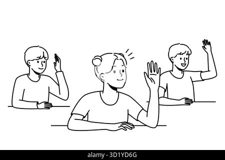 Lächelnde Kinder sitzen an den Schreibtischen der Schule und heben die Hände, die Fragen stellen oder beantworten. Glückliche Kinder, die im Klassenzimmer aktiv waren. Vektorgrafik. Stockfoto