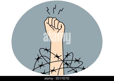 Nahaufnahme der Hand in der Faust in den Drähten für Unabhängigkeit und Freiheit. Erhobene Hand mit geballter Faust Kampf für die Menschenrechte. Vektorgrafik. Stockfoto